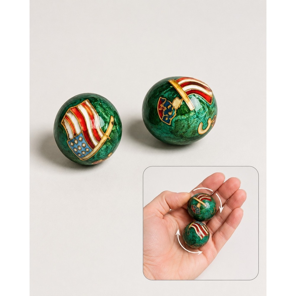 Vintage Cloisonne Baoding Balls Green USA American Flag Chiming Meditation Balls